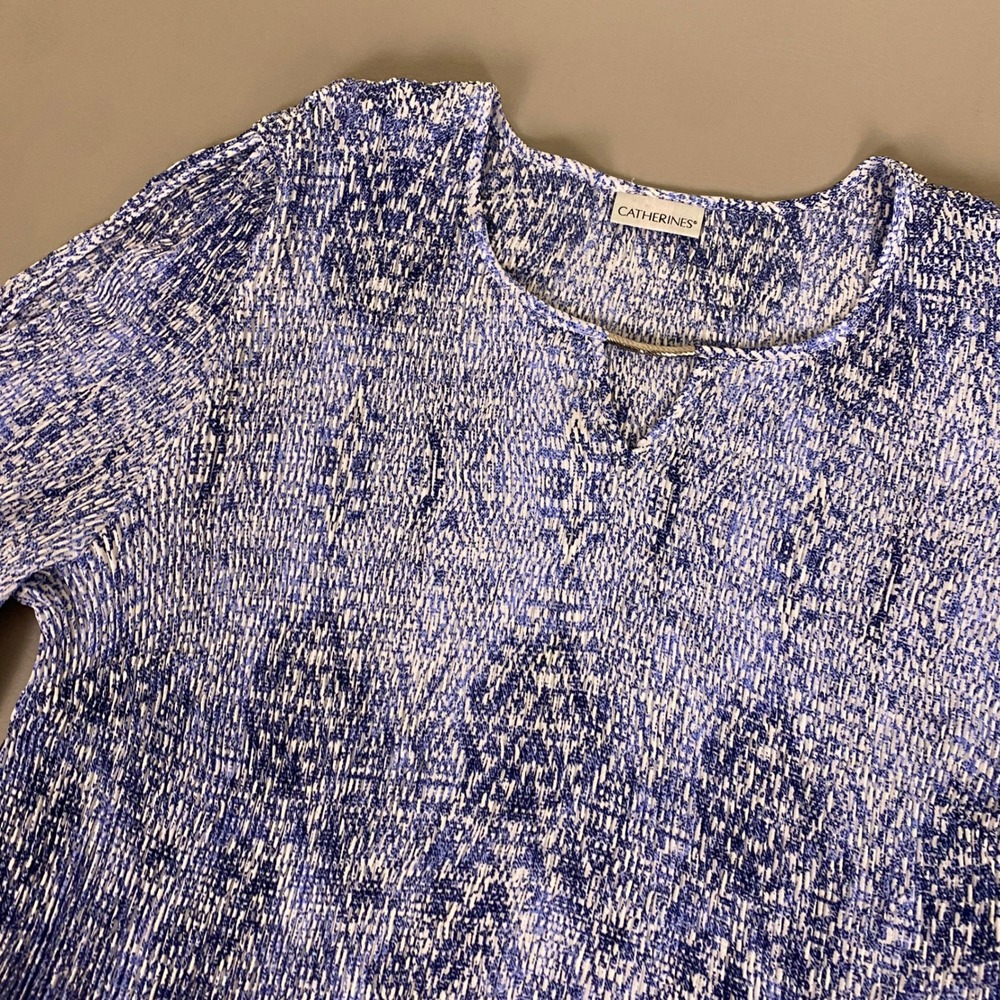Catherines Tunic Top Women's Plus 1X Blue Ombre Pleated Peplum 3/4 Bell Sleeve - Picture 3 of 9